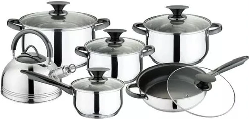 12 Pc Steel Pots Kettle Frying pan Saucepans Cookware - Silver, Black