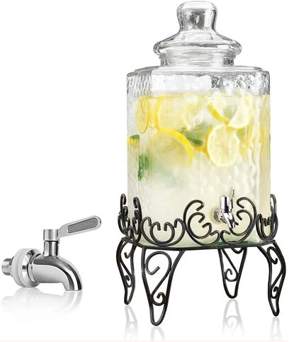 Hammered Glass Beverage Dispenser With Scroll Iron Stand, Stainless Steel Leak Free Spigot- Clear.