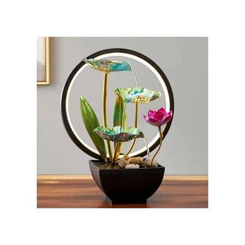 Flower Tabletop Water Fountain Waterfall Fountain 3-Tier Lotus Desktop Fountain Meditation Relaxation Home Decor Including Lots Of Rocks, Ring Lights And Soothing Sound Machine For Living Room, Bedroo