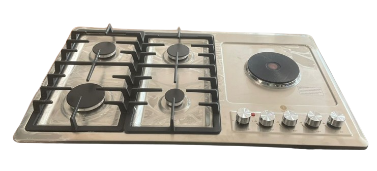 IQRA 90cm Built-in Hob, 4 Gas Burners + 1 Electric , Stainless Steel, Pulse Ignition, Cast Iron Pan Supports