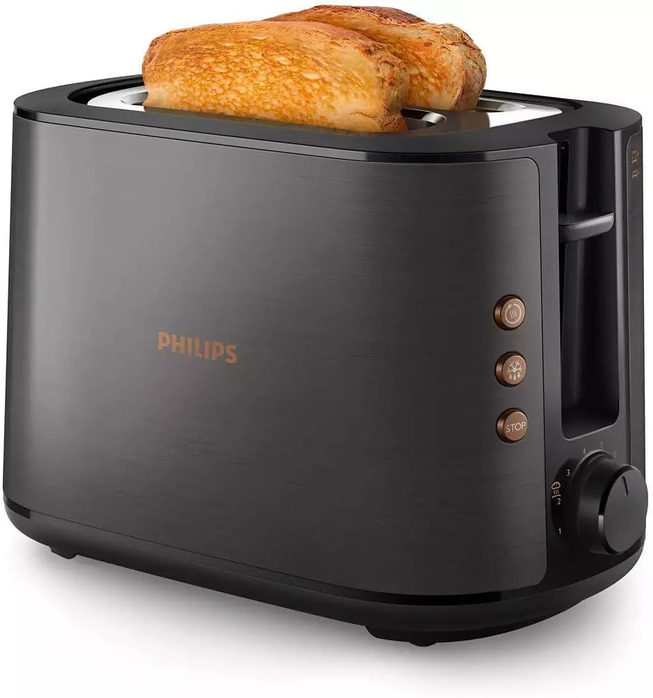 Philips 5000 Series Toaster - 950W, Auto Shut-off, Reheat Mode, Bun Warming Rack, Black & Copper - HD2650/31
