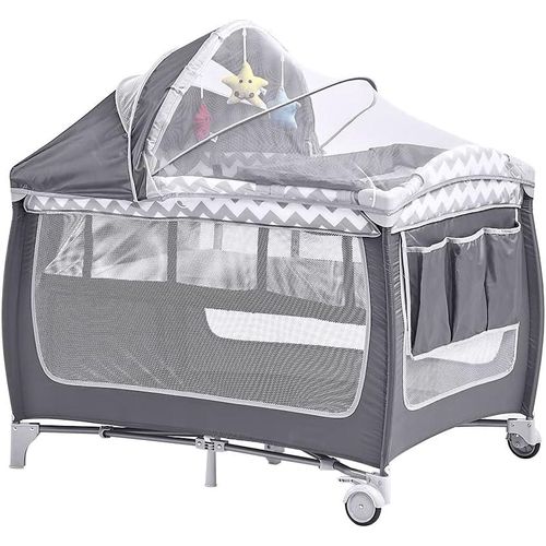 Travel Bed for Baby, Portable Baby Playpen with Entryway, Infant Toddler Bed, Folding Travel Baby Cot with bag -Grey Pink, With Changing Table