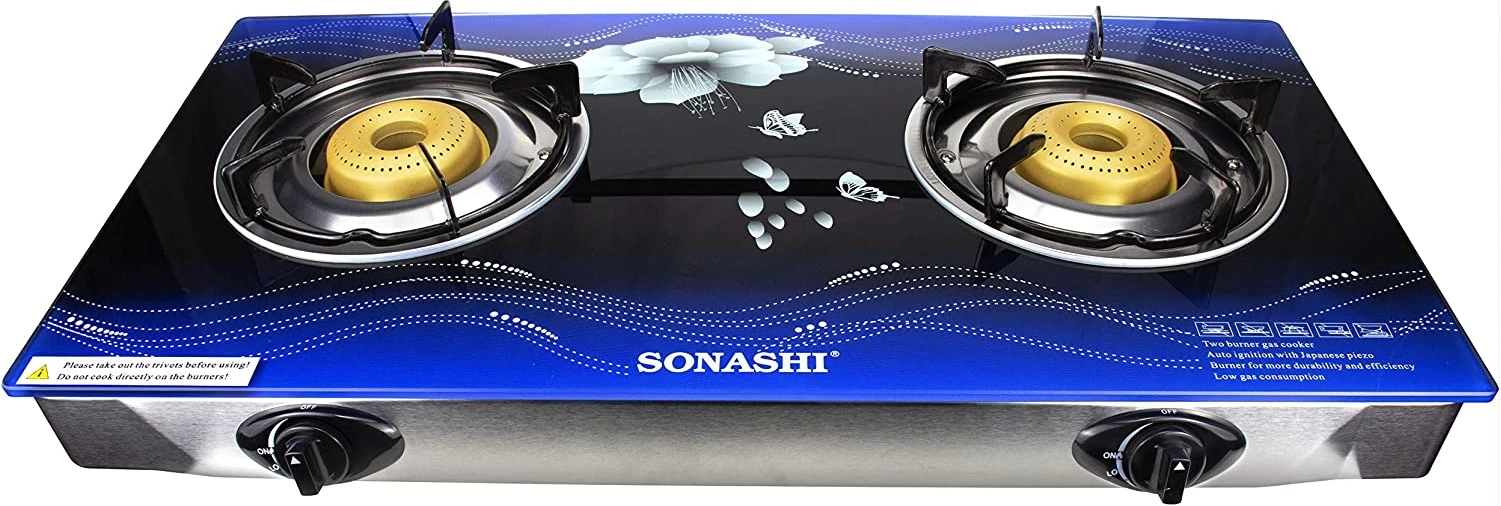 Sonashi SGB-202GN Double Gas Stove Stainless Steel Glass Panel, Cast Iron Burner Head, Plastic Knob, LPG
