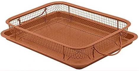 2-Pc Nonstick Oven Air Fryer Crisp Baking Pan/Tray & Mesh Basket Set, Copper