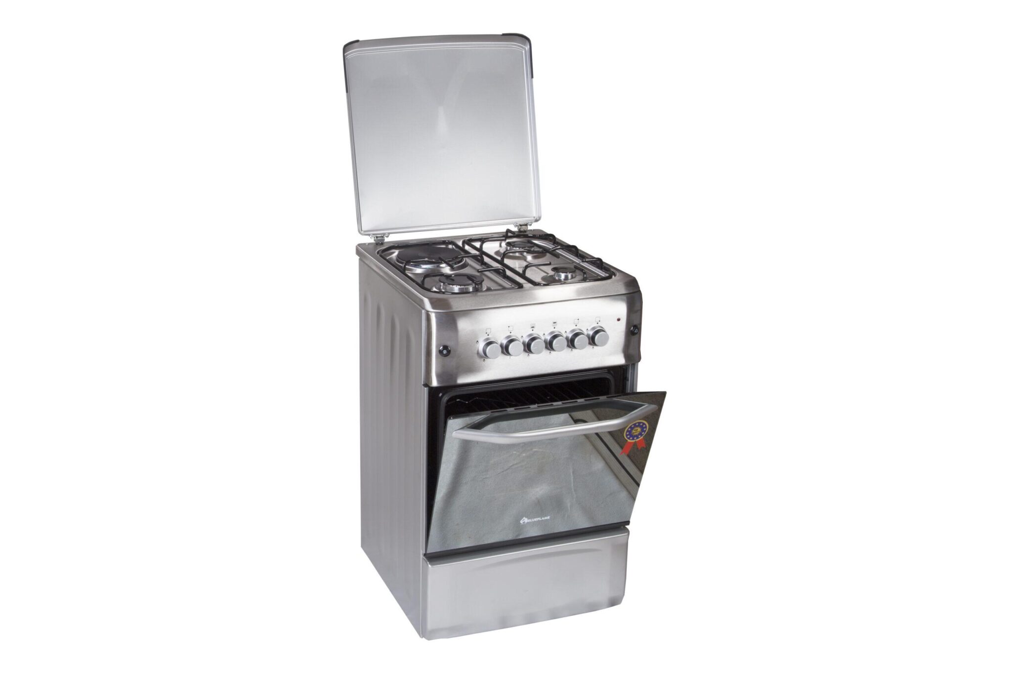 BlueFlame Cooker 50x55cm 3 Gas Burners And 1 Electric Plates S5031GR-I, Gas Oven & Grill, Rotisserie, Oven lamp, Auto Ignition - Inox