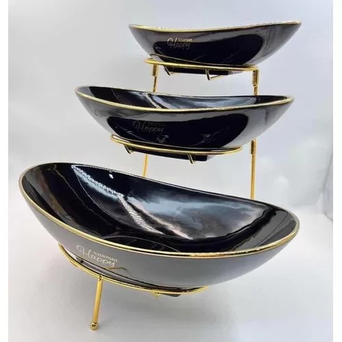 3 Tier Fruit Basket Ceramic Fruit Bowl Vegetable Storage with Metal Rack Porcelain Fruit Stand Storage Holder for Kitchen Counter Large Capacity Fruit Holder for Bread, Snack