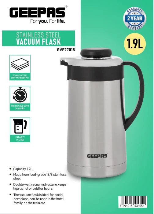 Geepas 1.9L Stainless Steel Vacuum Flask, Double Walled Airpot, GVF27018