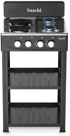 Saachi Stainless Steel Gas Burner With 2 Gas Tops, 2 Hot plates & Shelves - Black