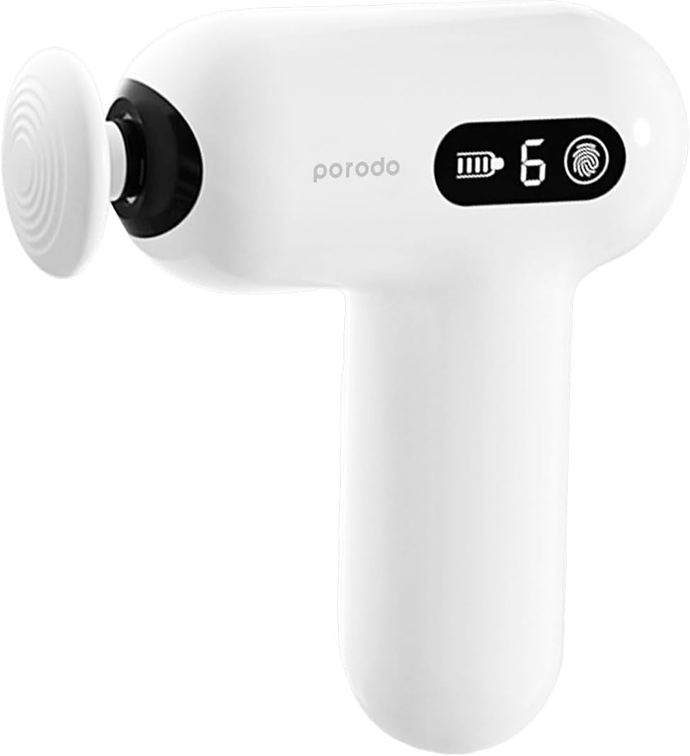 Porodo Lifestyle Mini Massage Gun 1500mAh Battery, Cordless, Digital Touch Display, 6 Adjustable Speed, Type-C Charging, Ergonomic & Low Noise Design, Portable & Lightweight - White