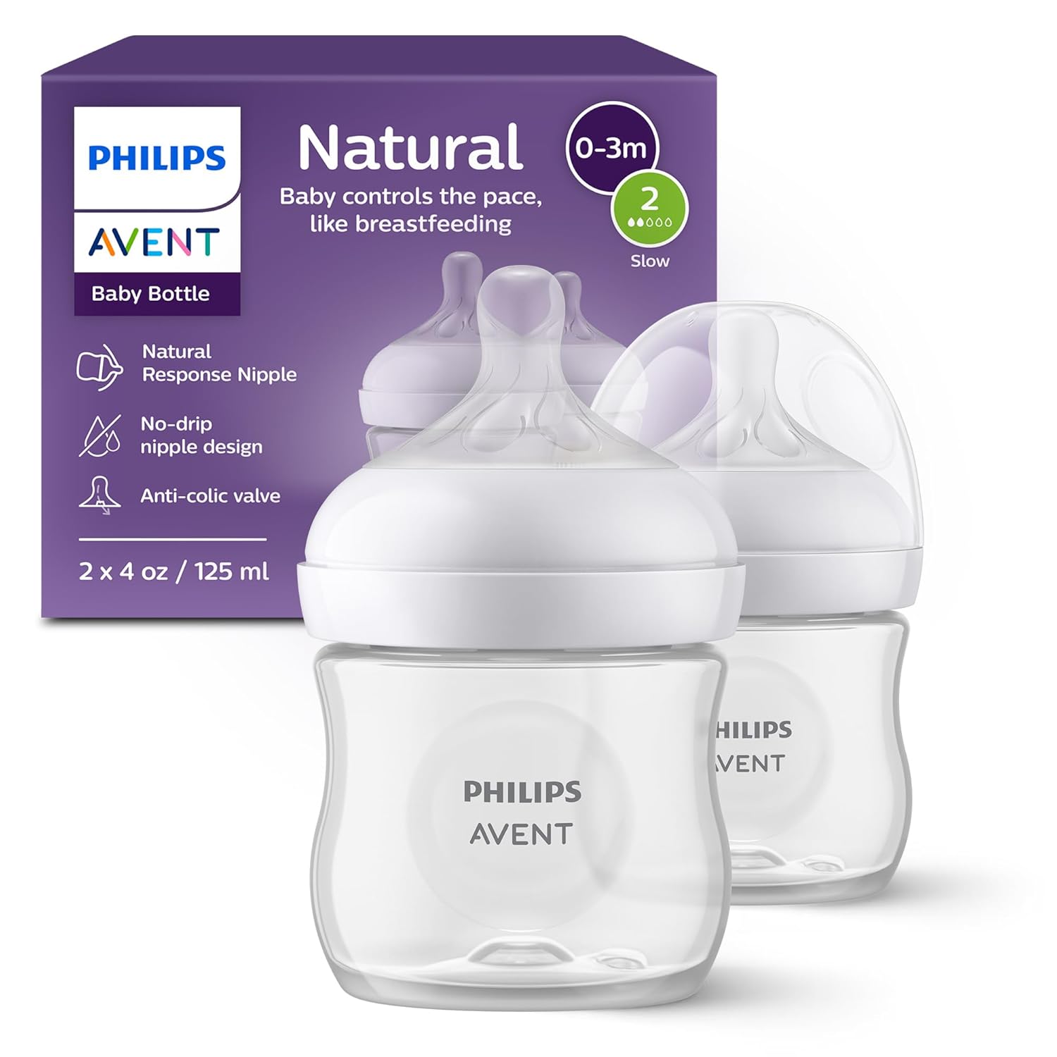 Philips Avent Natural Baby Bottles with Natural Response Nipples (Slow Flow, Flow 2), 125ml, 2-Pack, SCY900/02