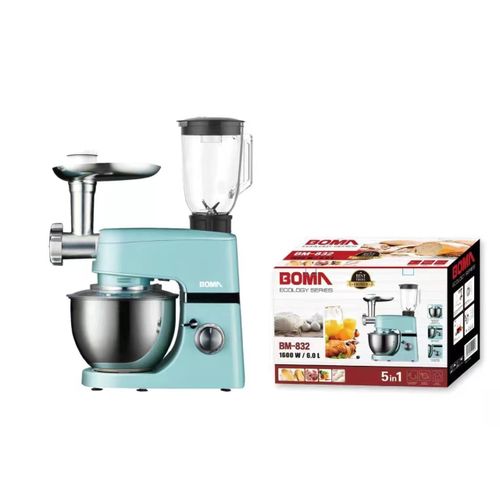 Boma 6Litre 5 IN 1 Stand Mixer 16000W Tilt-Head Multifunctional Electric Mixer with Stainless Steel Bowl, Beater, Hook, Whisk, Meat Grinder, Juice Blender with Glass Jar Dishwasher Safe - Blue