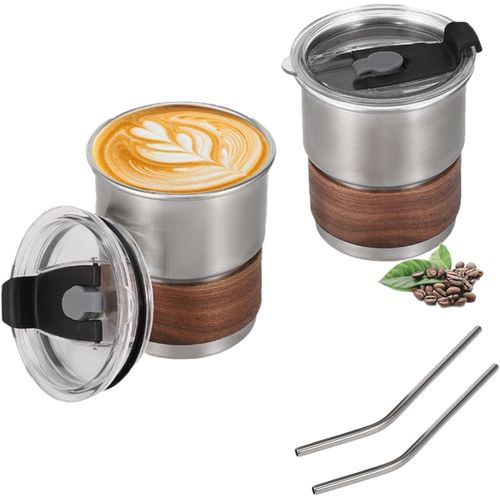 1 Piece Of Thermal Insulated Stainless Steel Tumbler with Lid and Straw, 300ml Travel Sipper Coffee Mugs with Wooden Grip Reusable & Stackable Cup for Juice Iced Tea Milk Hot Cold Drink