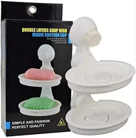 Double Layer Soap Dish Magic Suction Cup, White