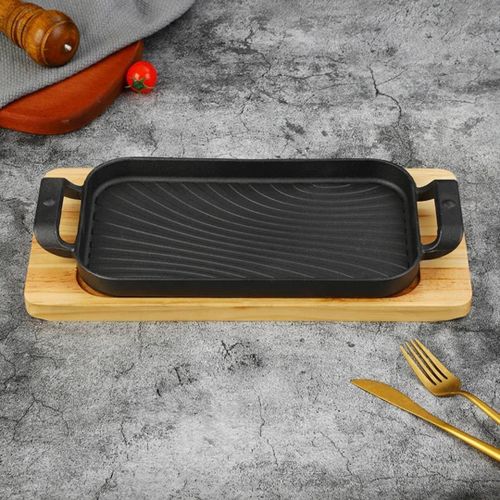 Rectangular Crystals Cast Iron Cookware Frying Pan Grill Backing Pot Skillet Plate with Wood Serving Board (26 cm) Cast Iron Steak Sizzler Pan Backing Pot Skillet Grill Wood Serving Board Platter