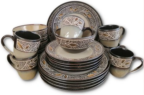 24pcs Of Leaf Design Plates, Bowls, Cups Dinner Set - Cream