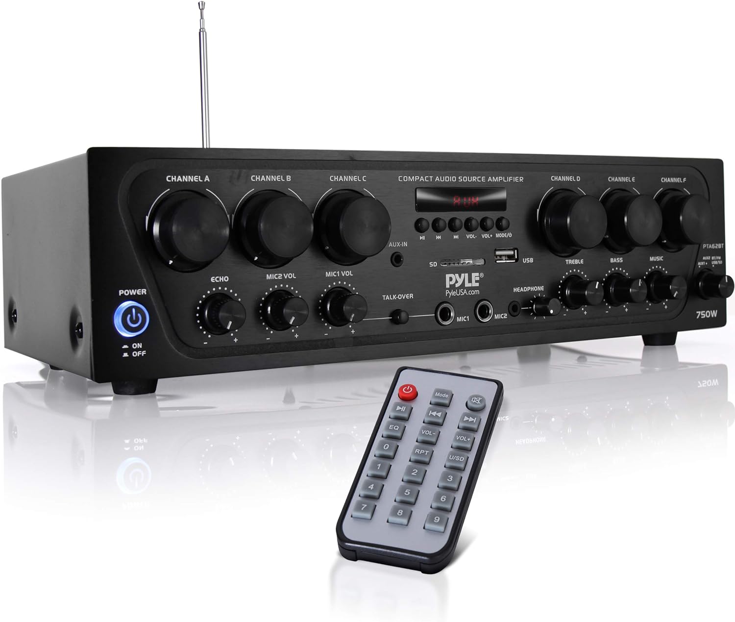 Pyle Wireless Bluetooth Amplifier-Upgraded 6 Channel 750 Watt Sound Power w/USB, Micro SD, Headphone,2 Microphone Input