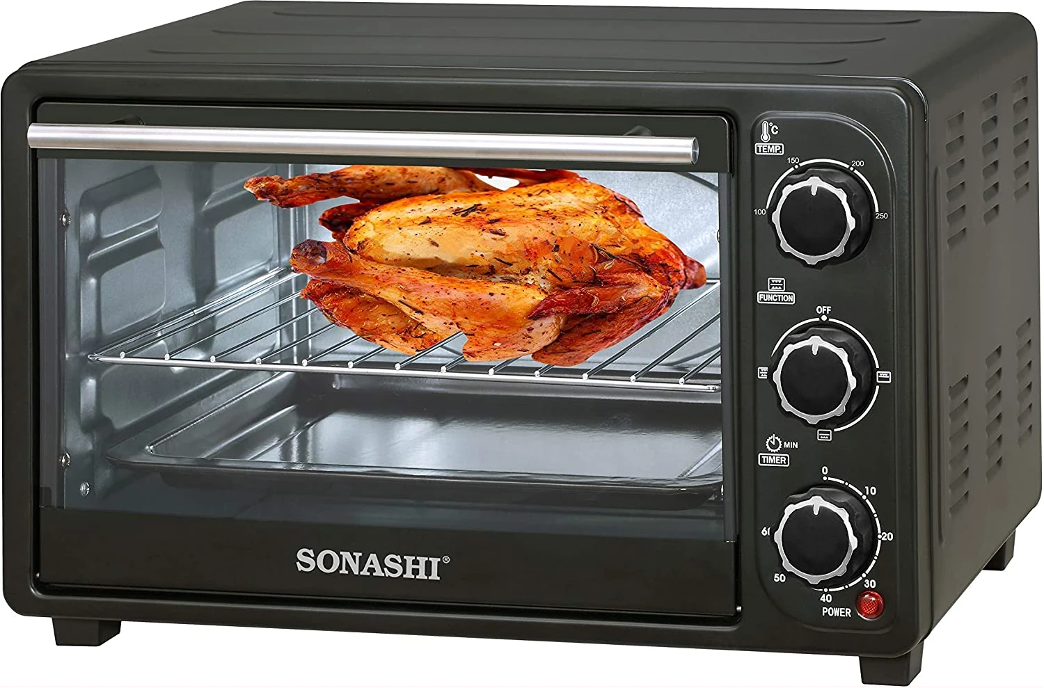 SONASHI STO-730 Electric Oven – 21L, Countertop Electric Oven with Stainless Steel Heating Element, Inside Lamp, Indicator Light, Wire Rack, Tray Handle