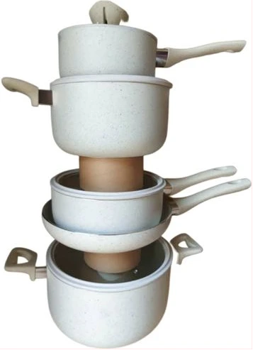 9 Piece Non-Stick Serving Dishes Saucepans Cookware - Cream