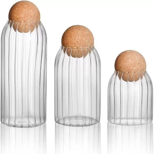 3 Pack Glass Cookie Jar with Airtight Seal Ball Cork Wood Lid Ball,Clear Stripe Candy Jar Mason Jars Food Storage Canister for Storage Container Jars for Coffee, Tea, Spice, Sugar, Salt, Set(450ml/700