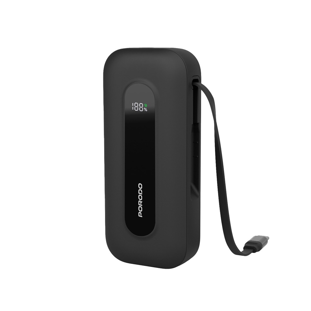 porodo 10000mAh Power Bank 58cm Retractable Cable Type-C Input & Output / PD 22.5W / Always on Display / Simultaneous Charging / Quick Charge Function / Multi-Port Output - Black