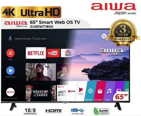 Aiwa 65-Inch UHD 4K Web OS Smart TV WS-658S, Frameless, Youtube, Netflix, Prime Video, USB, Bluetooth, HDMI, Inbuilt Free To Air Decoder - Black