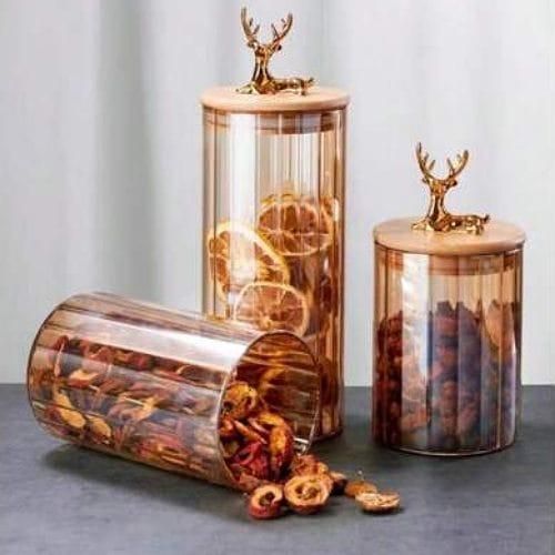 3 Piece Airtight Storage Pantry Food Glass Storage Jars Containers With Bamboo Clamp Lids for Candy, Pasta, Nuts, Oatmeal, Airtight Wooden Lids and Carabiner Metal Deer Canisters