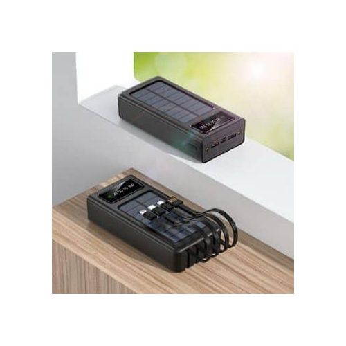 Universal 30000mAh Fast Solar Power Bank Built In Dual Cable Portable Charger External Battery Pack For All Cell Phone Smart Tablet Waterproof Solar Panel Energy Powerbank Portable Flashlight And 4 US