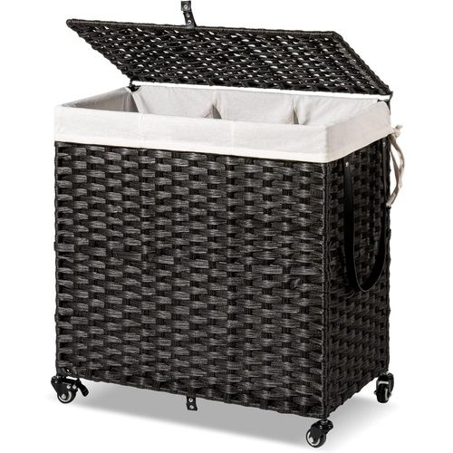 Laundry Basket with Wheels With Removable Liner Bag 3 Sections Divided Hamper Handwoven Synthetic Rattan Laundry Clothes Hamper Basket Bin With Lid And Handles For Laundry Room Bedroom Bathroom Closet