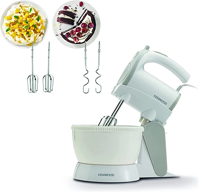 Kenwood Stand Mixer Hand Mixer (Electric Whisk) 300W with 2.4L Rotary Bowl, 5 Speeds + Turbo Button, Twin Stainless Steel Kneader and Beater for Mixing, Whipping, Whisking, Kneading HMP22.000WH White