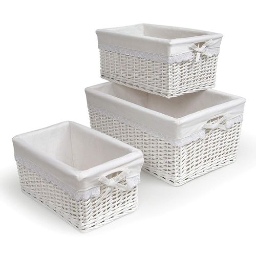 3 Piece Multipurpose Rectangular Handmade Decorative Wicker Snacks Fruit Picnic Cosmetic Storage Basket Bin with Removable Washable Liner Willow Woven Container For Bedroom Closet Home Office Wardrobe