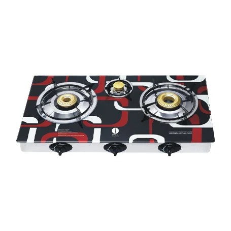 IQRA Gas Stove 3 Burners - IQ-GS3BG, Glass Top And Enamel Pan Support Brass Burners, Auto Ignition With Peizo, Stylish Design, Tempered Glass