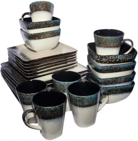 24 Piece Square Marble Plates, Bowls, Cups Dinner Set-Cream