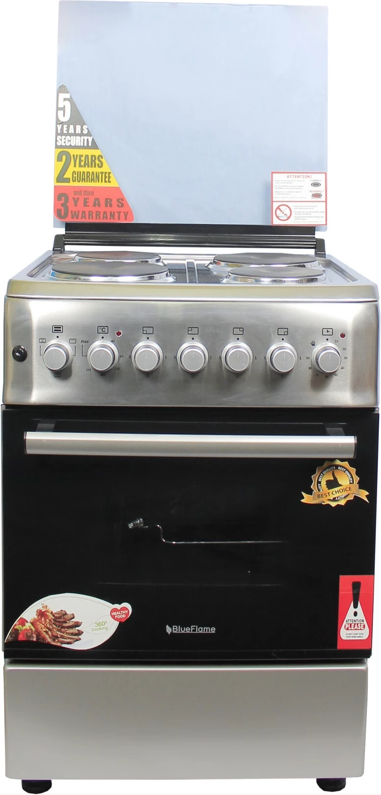 Blueflame Full Electric Cooker S6004ERF 60X60cm, Electric Oven & Grill, Rotisserie, Oven Fan, Oven Lamp, Thermostat, Glass Lid - Inox