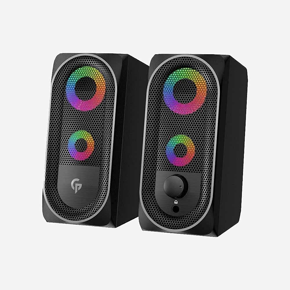 Porodo Stereo Gaming Speakers 10W, RGB Light Effect Speaker, Lighting Touch Sensor, USB & 3.5MM Universal Plug, Headphone Input Port, Volume Control Knob, Non-Magnetic Material Computer Speaker-Black