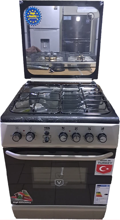 YES Cooker 3 - Gas Burners + 1 Electric Plate, 60x60cm YS-6631GTG; Electric Oven & Grill, Auto Ignition, Timer - Silver