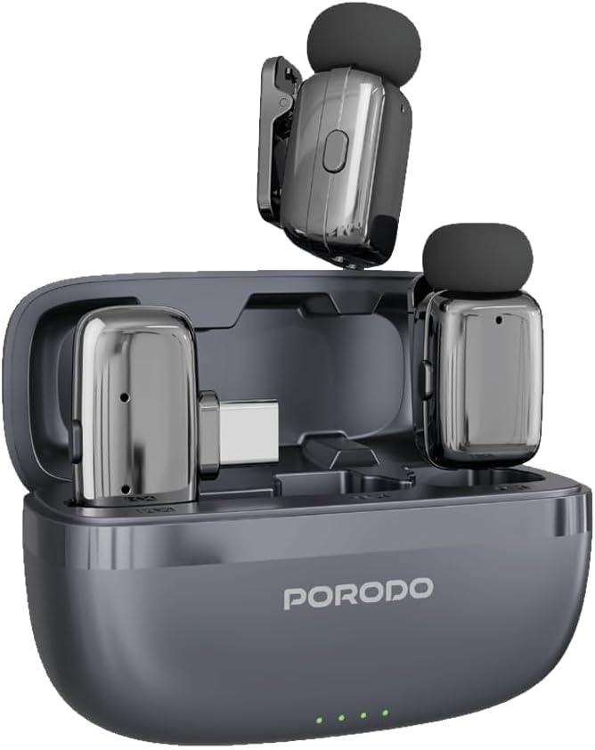 Porodo Wireless Lavalier Type-C Connector Microphones, Noise Reduction, Low Lantency, Plug & Play, 4H Mic Working Time, 33H Case Working Time, 1H Case Recharge Time - Black