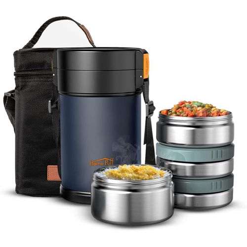 Home Puff Double Wall Vacuum Insulated Stainless Steel HeatPro Office Lunch Box for Men/Women, Easy to Carry Leak-Proof Tiffin Box, 4-Containers, Free Lunch Bag, 2.3L Food Flask