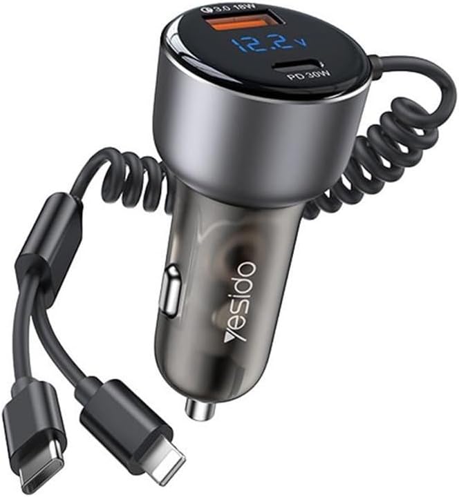 Yesido Y58 60W Type-C+USB-A Dual Port Super Fast Car Charger with USB-C/Type-C + Lightning Spring Cable