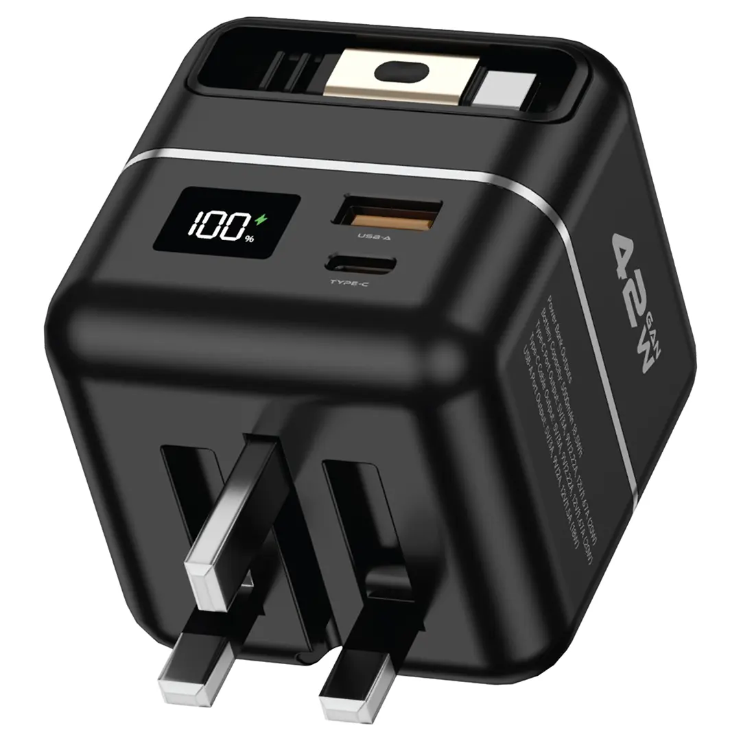 GREEN LION Multi Functional Premium Series Charger and Power Bank 5000mAh Battery / GaN Charger PD42W / 1M Retractable Type-C Cable / Type-C Port and USB-A Port / Fast Charger Powerbank 5000 mAh and 3