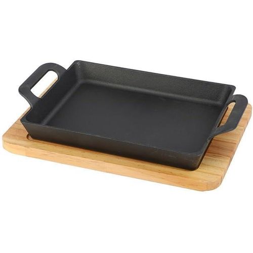 Crystals Reatangular Cast Iron Cookware Frying Pan Grill Backing Pot Skillet Plate with Wood Serving Board (26 cm) Cast Iron Steak Sizzler Pan Backing Pot Skillet Grill Wood Serving Board Platter