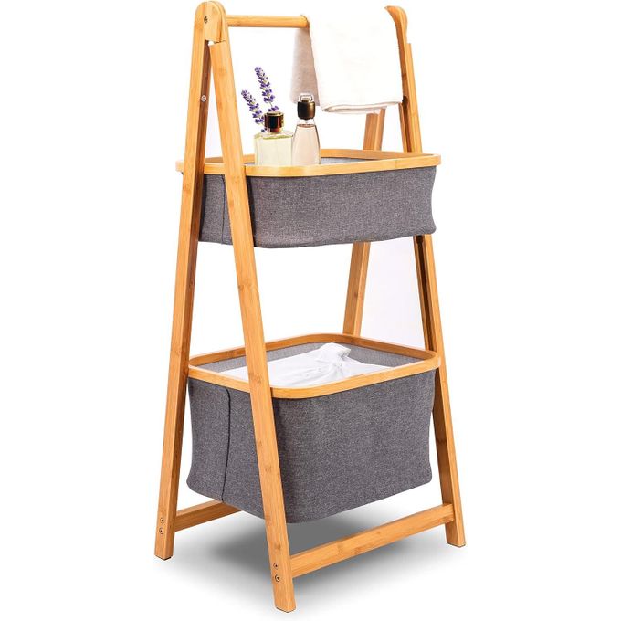 2 Tier Fold Out Floor Standing Bathroom Storage Tower Shelf Collapsible Hamper Shelves Bamboo Wooden Drawers Small Ladder Organizer Shelving Corner Stand Unit for Bedroom Laundry Room