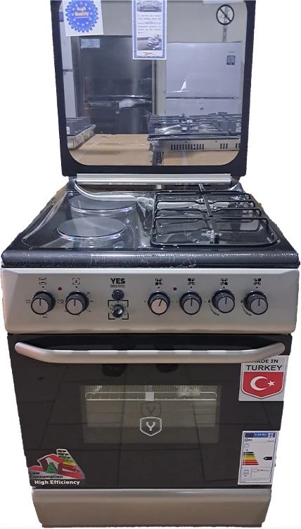 YES Cooker 2- Gas Burners + 2 Electric Plates, 60x60cm YS-6622GTG; Electric Oven & Grill, Auto Ignition, Top Glass – Silver