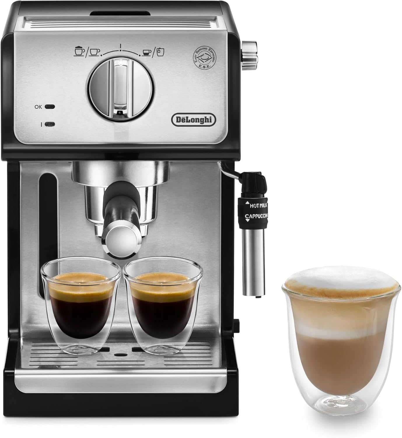 De'Longhi Traditional Barista Pump Espresso Machine, Coffee and Cappuccino Maker with Adjustable Milk Frother, Compatible with E.S.E Pods, 1.1L Removable Water Tank, Black - ECP35.31
