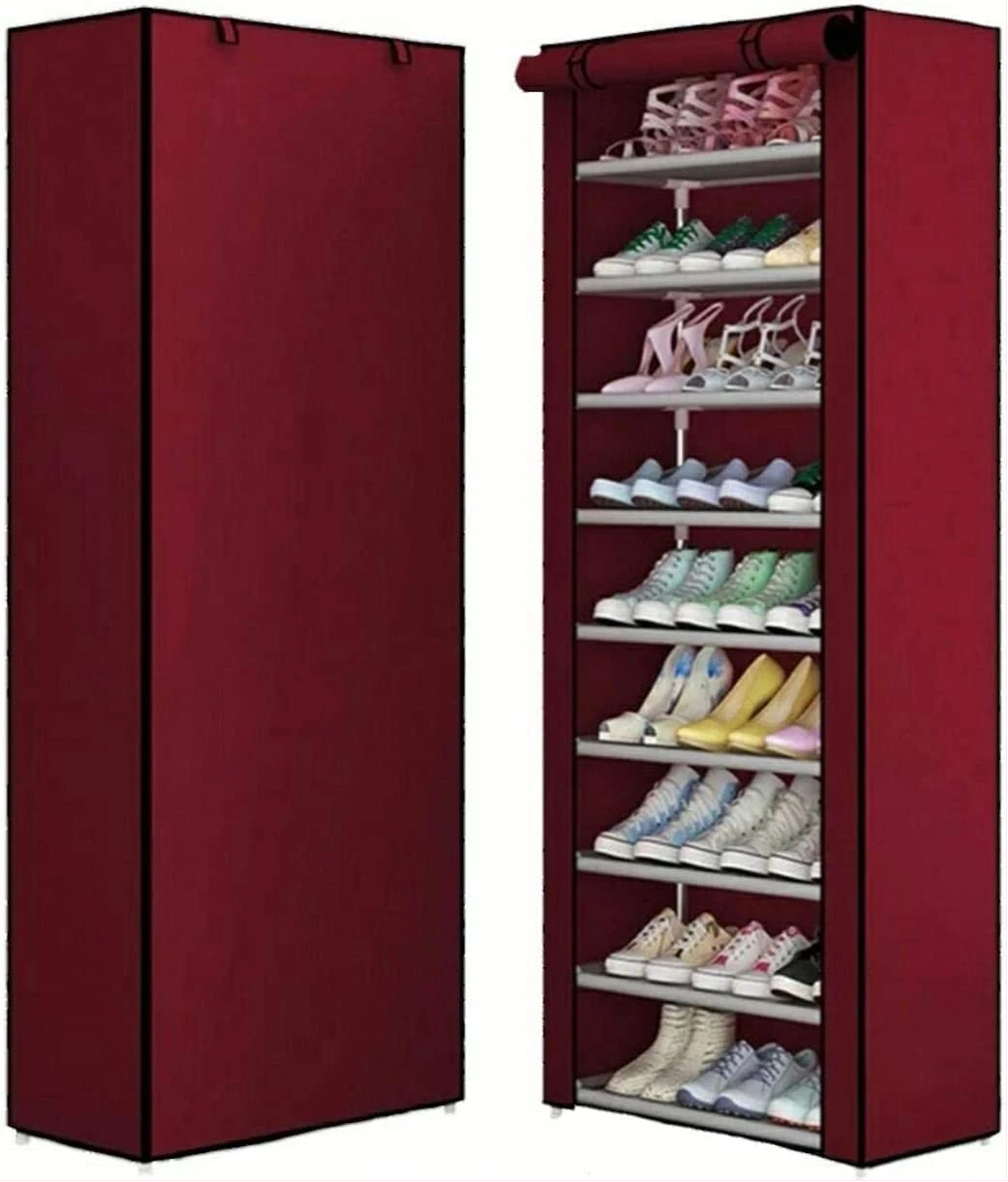 Multipurpose Portable Folding Shoes Rack 9 Tiers Multi-Purpose Shoe Storage Organizer Cabinet Tower with Iron and Nonwoven Fabric with Zippered Dustproof Cover Color Brown