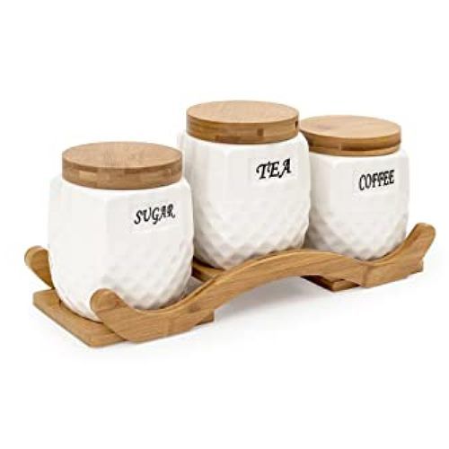 Ceramic Trime Tea Coffee Sugar 3 Canisters Set With Wooden Wavey Stand Tray & Bamboo Lid Condiment Airtight Jars Set- White.