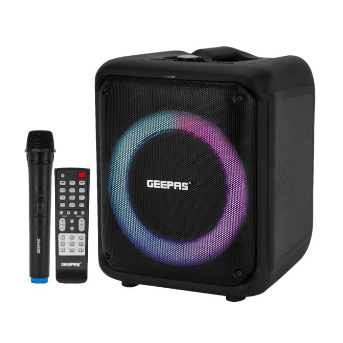 Geepas Portable & Rechargeable Party Speaker GMS11161 With EQ Setting, FM Radio, LED Light, LINE/USB/TF Card/AUX, TWS Connection, Bluetooth, Wireless Microphone, Remote Control, Woofer, Tweeter & Powe