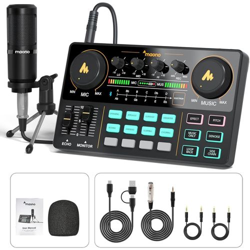 maono Podcast Equipment Bundle Audio mixer All-in-One Podcast Production Studio with 3.5mm Microphone for Live Streaming, Recording, PC, Smartphone, DJ Caster Lite (AU-AM200-S1)