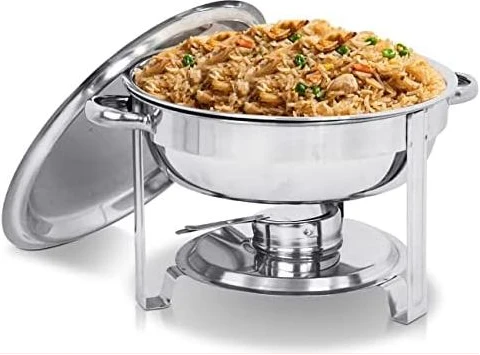 Chafing Dish Round Chafer Buffet Catering Warmer Food And Water Pan, Lid, Solid Stand And Fuel Holder - Silver