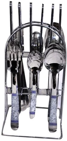24 Piece Flowered Dinner Cutlery (Forks, Spoons & Knives) With A Stand - Silver