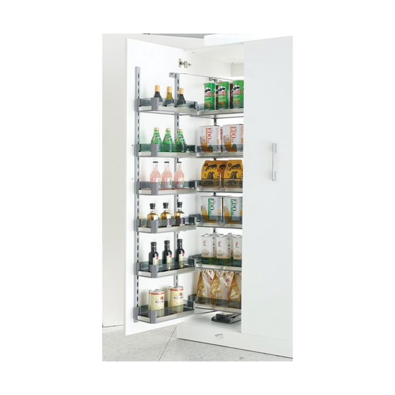 Newmatic 45cm Tall Pull Out Pantry BK7145, 6 Levels, Stainless Steel & Tempered Glass